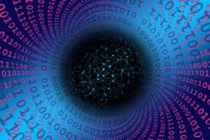 decorative picture of ones and zeroes surrounding a center of nodes